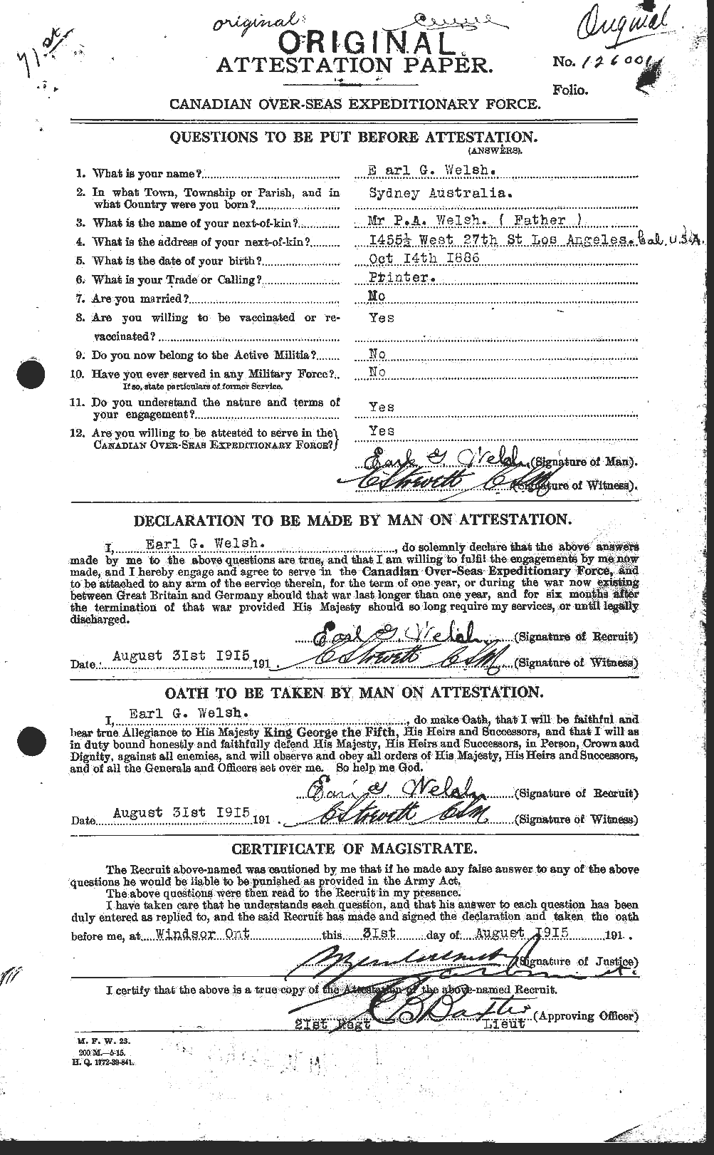 Dossiers du Personnel de la Première Guerre mondiale - CEC 665449a