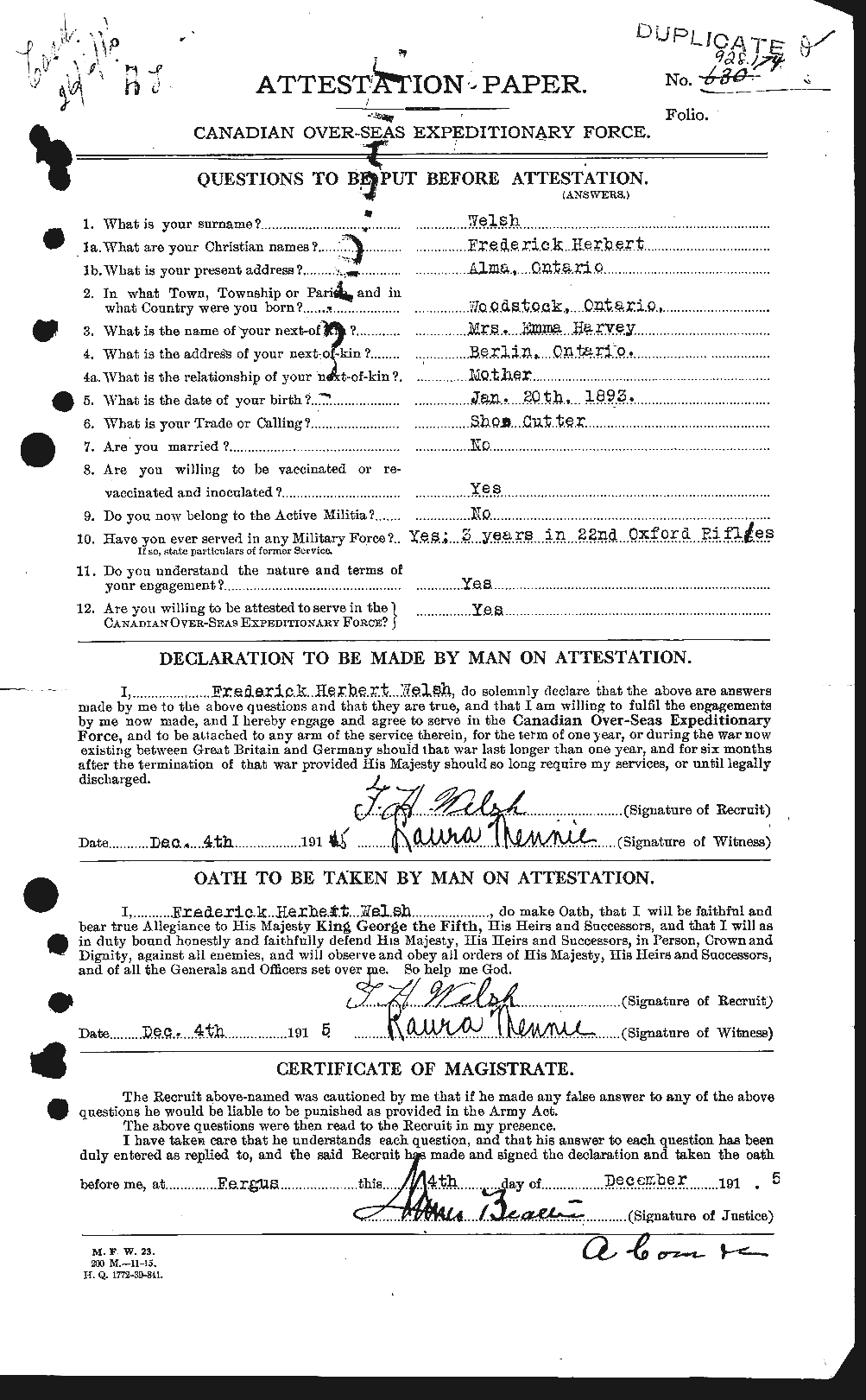 Dossiers du Personnel de la Première Guerre mondiale - CEC 667613a