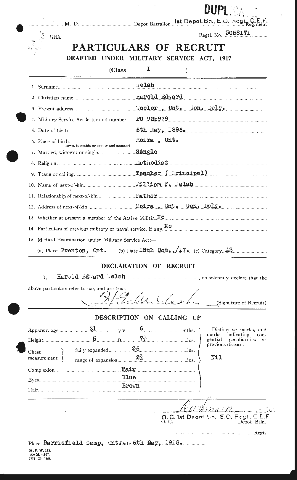 Dossiers du Personnel de la Première Guerre mondiale - CEC 667626a