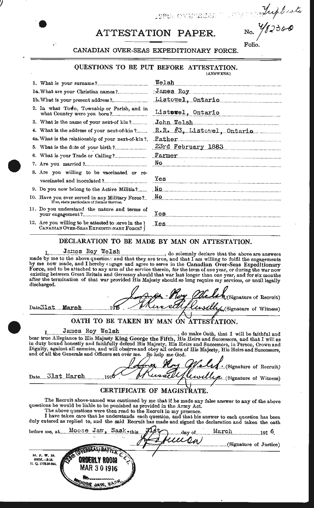 Dossiers du Personnel de la Première Guerre mondiale - CEC 667645a