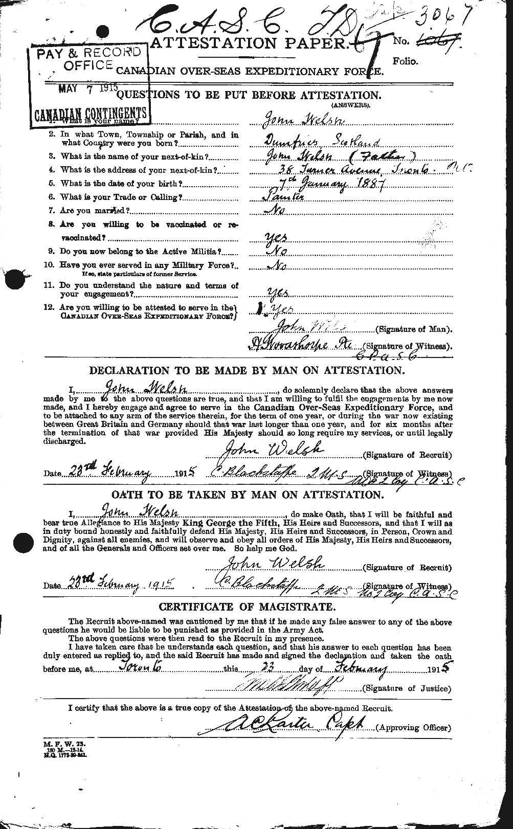 Dossiers du Personnel de la Première Guerre mondiale - CEC 667650a