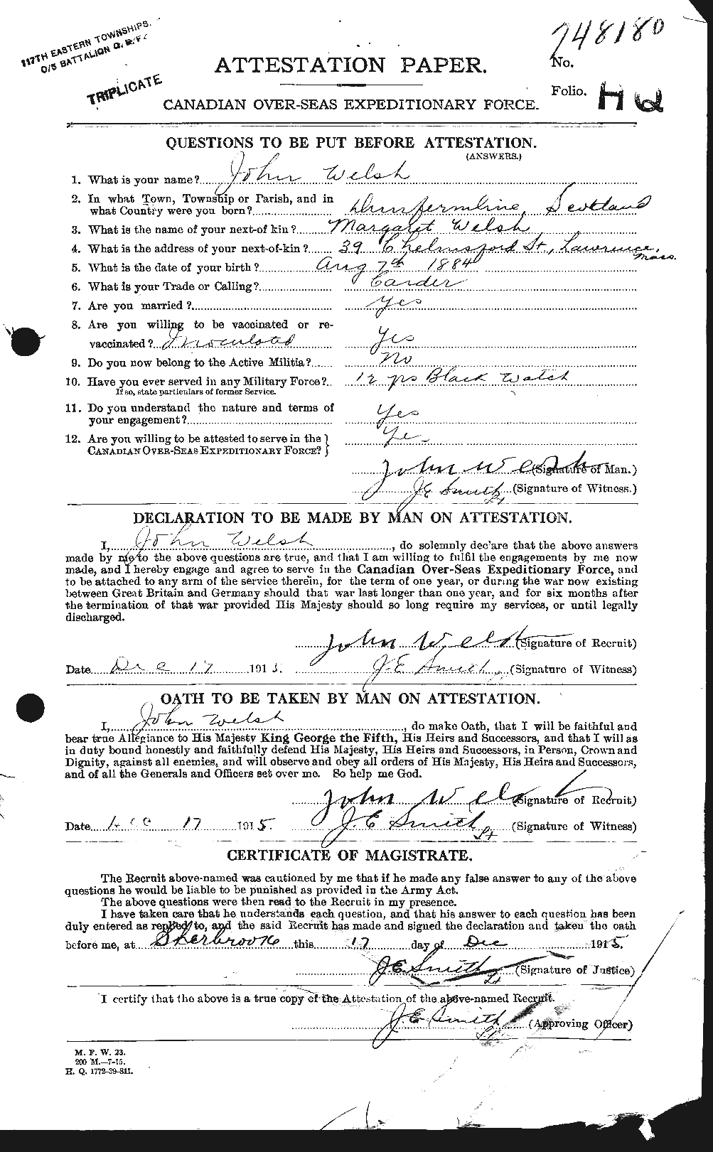 Dossiers du Personnel de la Première Guerre mondiale - CEC 667655a