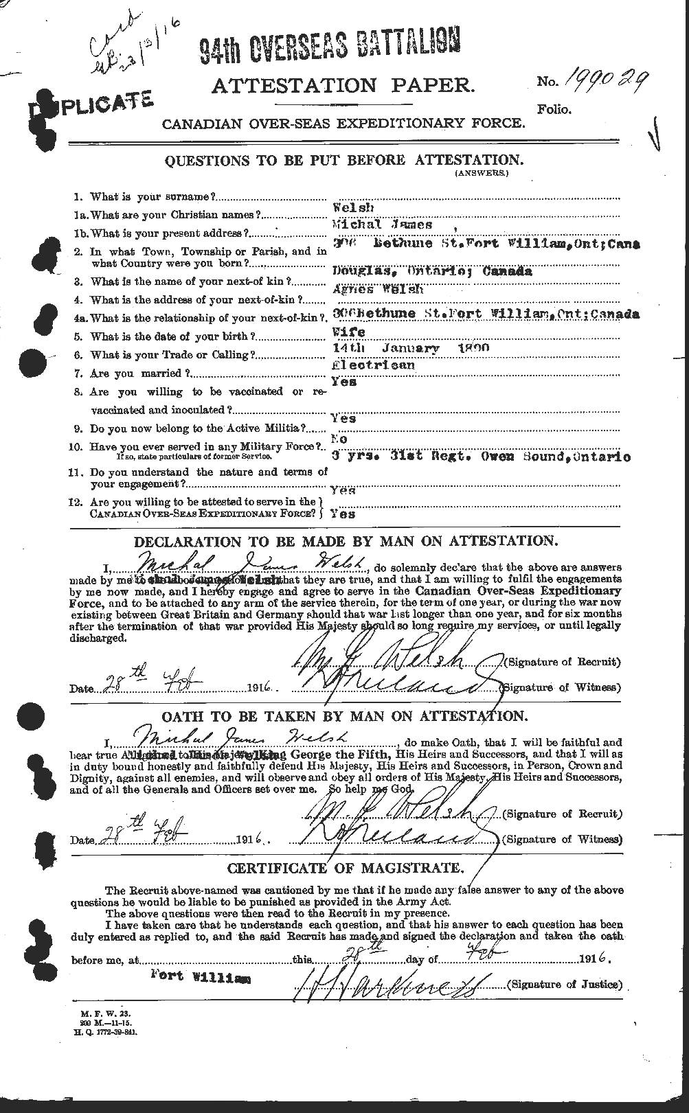 Dossiers du Personnel de la Première Guerre mondiale - CEC 667687a