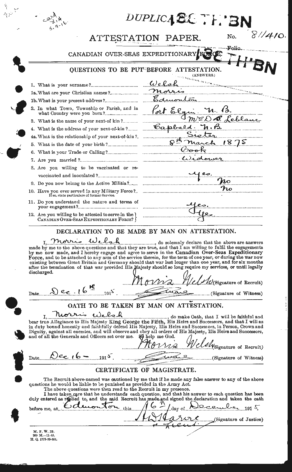 Dossiers du Personnel de la Première Guerre mondiale - CEC 667689a