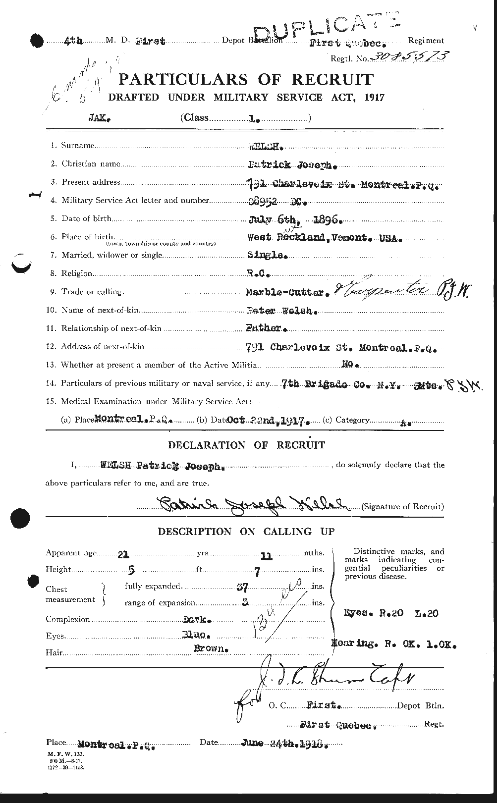 Dossiers du Personnel de la Première Guerre mondiale - CEC 667693a