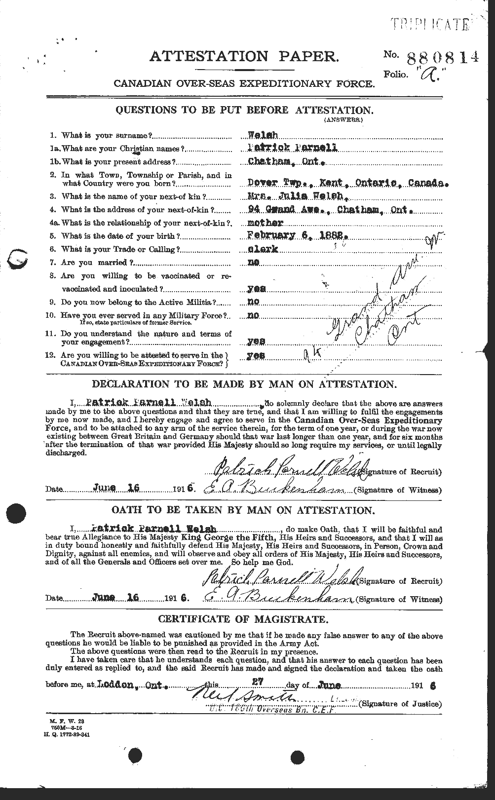 Dossiers du Personnel de la Première Guerre mondiale - CEC 667694a