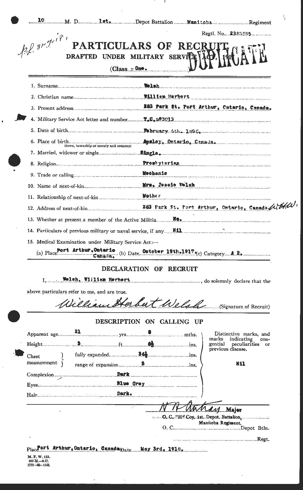 Dossiers du Personnel de la Première Guerre mondiale - CEC 667708a