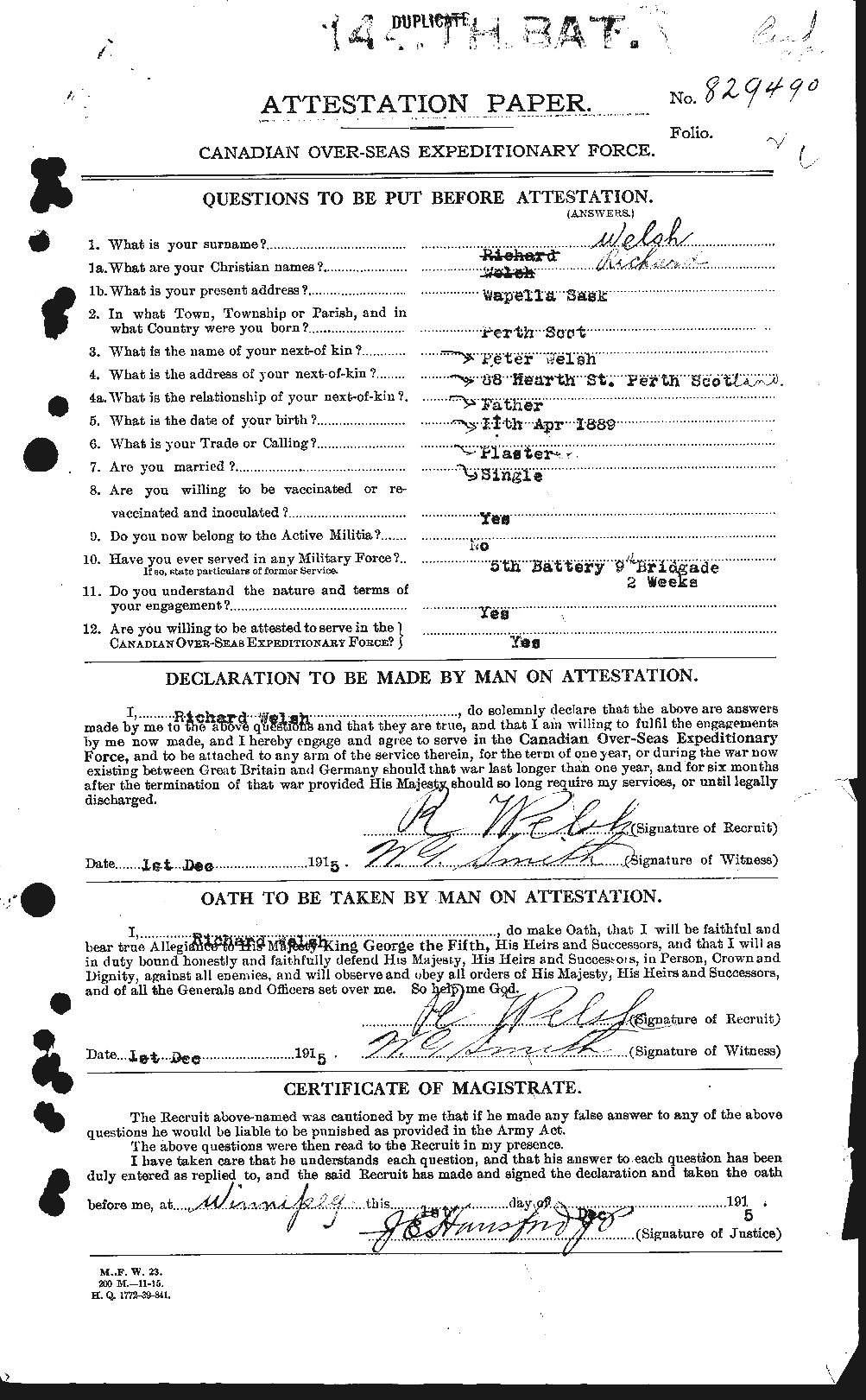 Dossiers du Personnel de la Première Guerre mondiale - CEC 667710a