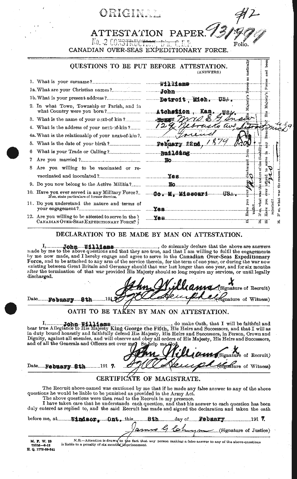 Dossiers du Personnel de la Première Guerre mondiale - CEC 672960a