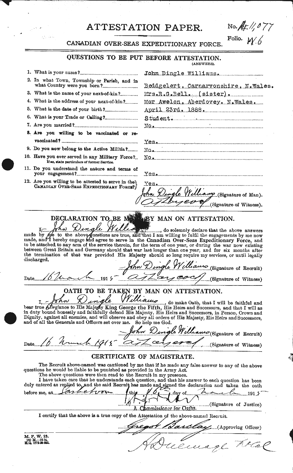 Dossiers du Personnel de la Première Guerre mondiale - CEC 672980a