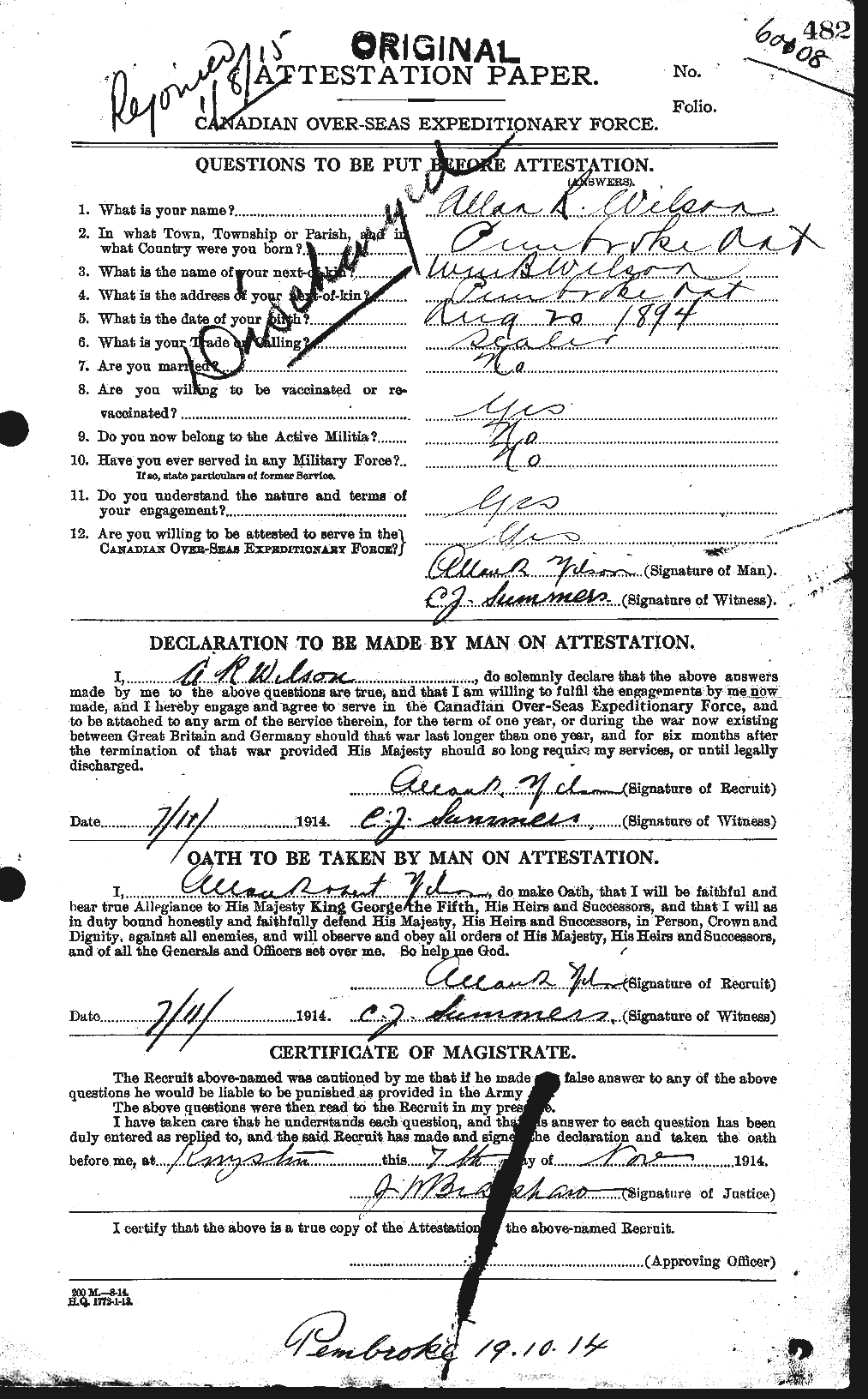 Dossiers du Personnel de la Première Guerre mondiale - CEC 677264a