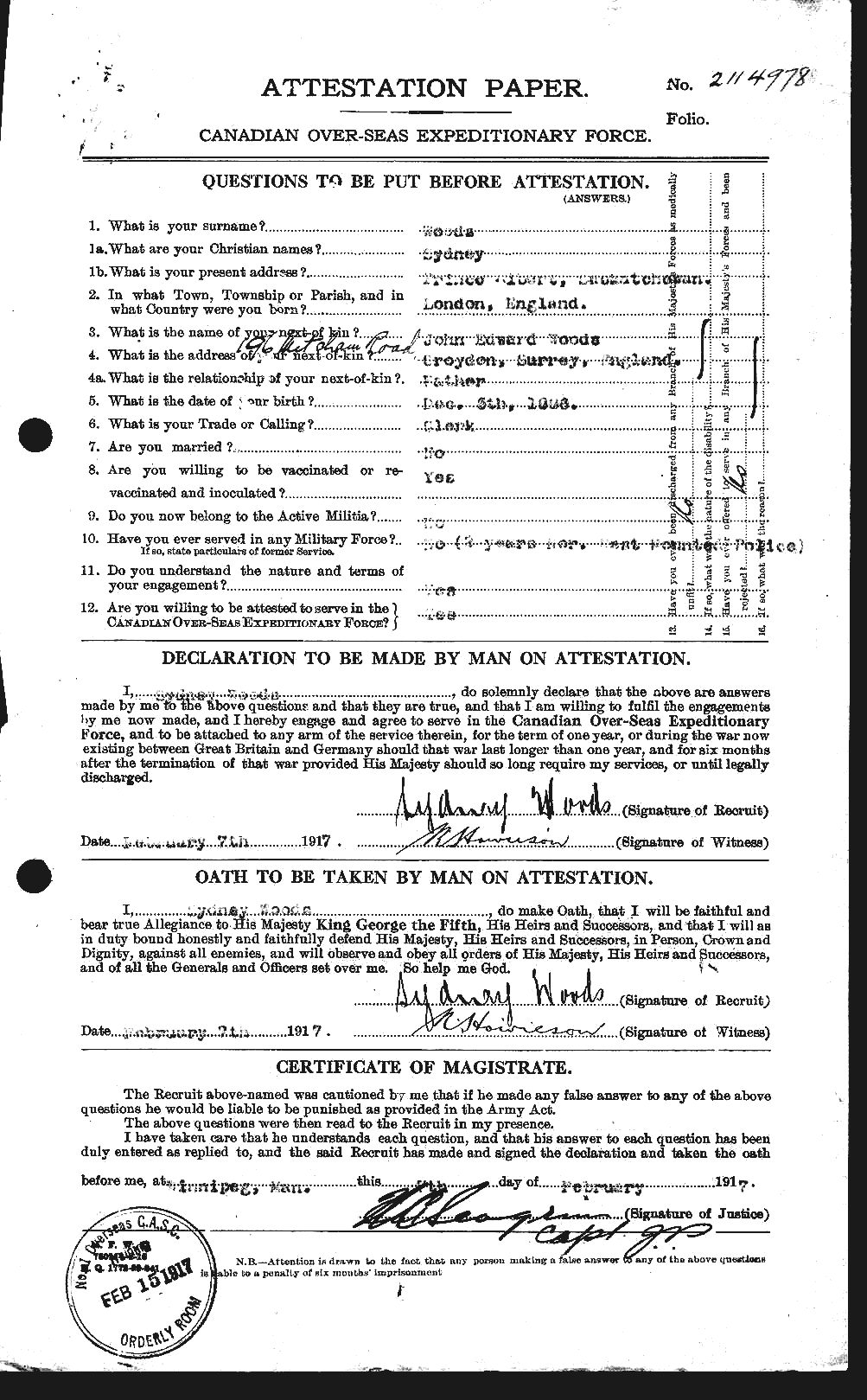 Dossiers du Personnel de la Première Guerre mondiale - CEC 683473a