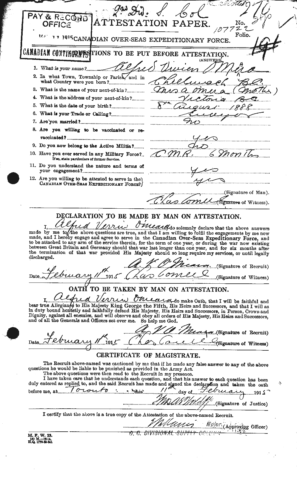 Dossiers du Personnel de la Première Guerre mondiale - CEC 690047a