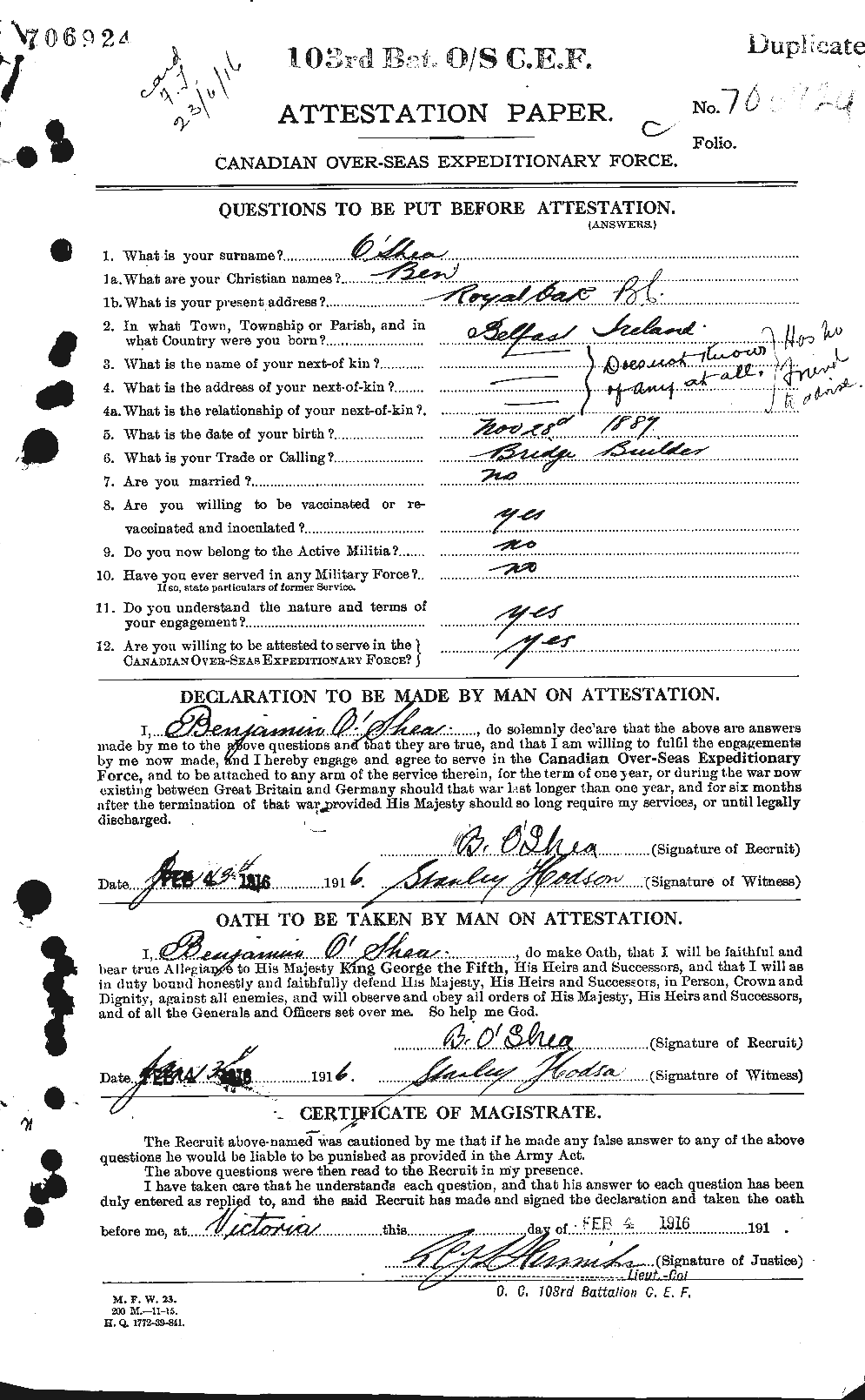 Dossiers du Personnel de la Première Guerre mondiale - CEC 691788a