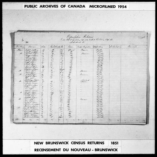 Digitized page of Census of 1851 (Canada East, Canada West, New Brunswick and Nova Scotia), Page number 16, for Gustine Legere