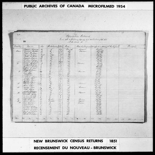 Digitized page of Census of 1851 (Canada East, Canada West, New Brunswick and Nova Scotia), Page number 20, for Dominis Legere