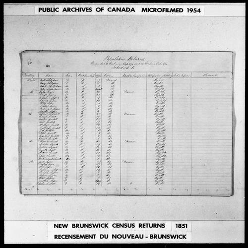 Digitized page of Census of 1851 (Canada East, Canada West, New Brunswick and Nova Scotia), Page number 56, for Calias Legere