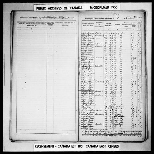 Digitized page of Census of 1851 (Canada East, Canada West, New Brunswick and Nova Scotia), Page number 53, for Joseph Larose