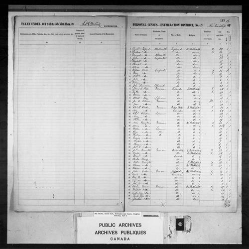 Digitized page of Census of 1851 (Canada East, Canada West, New Brunswick and Nova Scotia), Page number 115, for William Bale