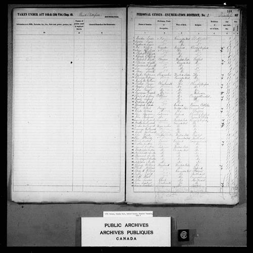 Digitized page of Census of 1851 (Canada East, Canada West, New Brunswick and Nova Scotia), Page number 144, for Clarissa Oatman