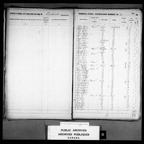 Digitized page of Census of 1851 (Canada East, Canada West, New Brunswick and Nova Scotia), Page number 169, for Barbary Grove