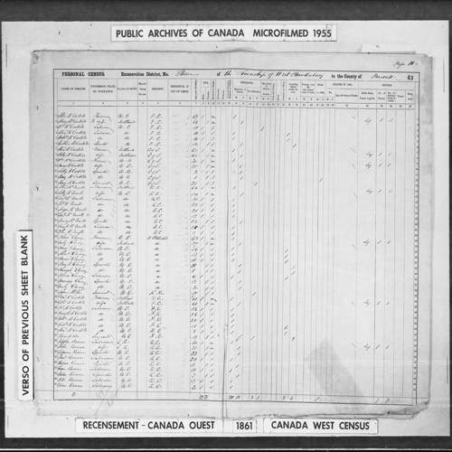 Digitized page of Census of 1861 (Canada East, Canada West, Prince Edward Island, New Brunswick and Nova Scotia), Page number 43, for Henry Cheney