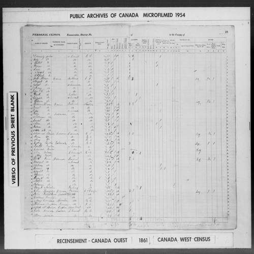 Digitized page of Census of 1861 (Canada East, Canada West, Prince Edward Island, New Brunswick and Nova Scotia), Page number 18, for Alexander Heron