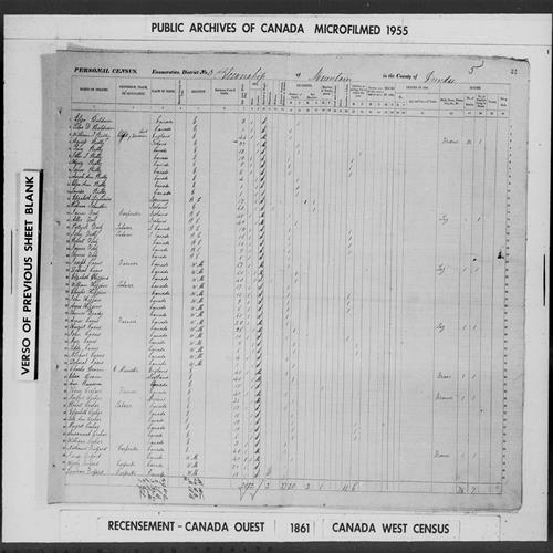 Digitized page of Census of 1861 (Canada East, Canada West, Prince Edward Island, New Brunswick and Nova Scotia), Page number 22, for Nathaniel Fulford