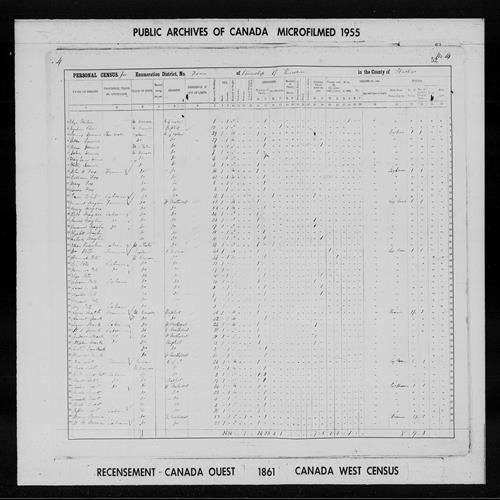 Digitized page of Census of 1861 (Canada East, Canada West, Prince Edward Island, New Brunswick and Nova Scotia), Page number 52, for Lewis Mack