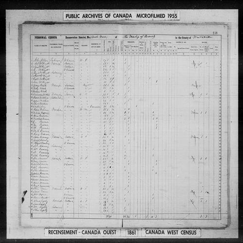 Digitized page of Census of 1861 (Canada East, Canada West, Prince Edward Island, New Brunswick and Nova Scotia), Page number 108, for Hugh Mcknight