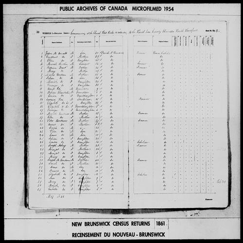 Digitized page of Census of 1861 (Canada East, Canada West, Prince Edward Island, New Brunswick and Nova Scotia), Page number 30, for Marks Boudreau