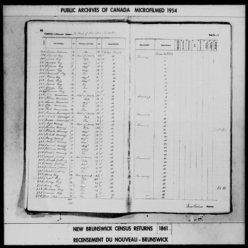 Digitized page of Census of 1861 (Canada East, Canada West, Prince Edward Island, New Brunswick and Nova Scotia), Page number 80, for Carmel Gooding