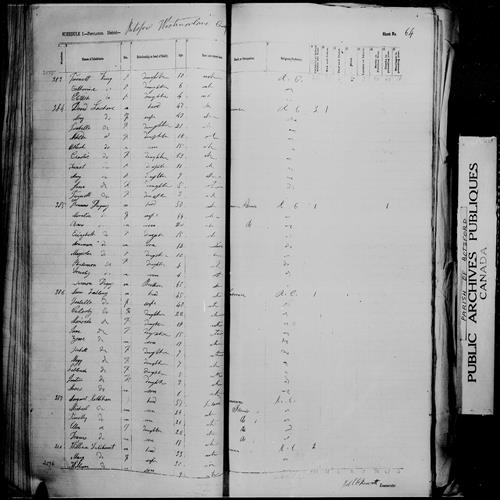 Digitized page of Census of 1861 (Canada East, Canada West, Prince Edward Island, New Brunswick and Nova Scotia), Page number 64, for David Lashore