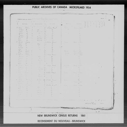 Digitized page of Census of 1861 (Canada East, Canada West, Prince Edward Island, New Brunswick and Nova Scotia), Page number 12, for John 
