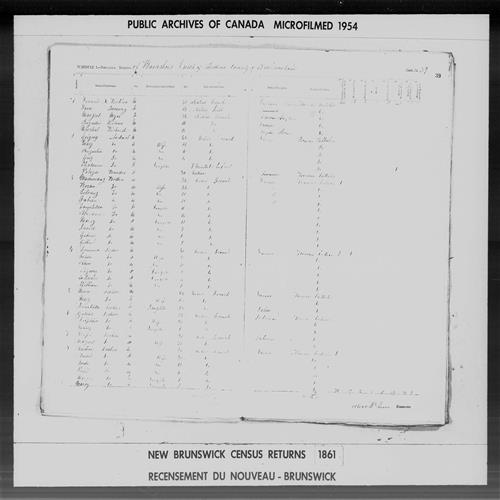 Digitized page of Census of 1861 (Canada East, Canada West, Prince Edward Island, New Brunswick and Nova Scotia), Page number 39, for Dominick Leshere