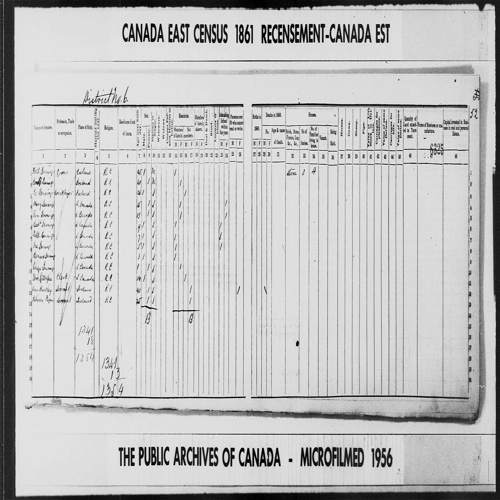 Digitized page of Census of 1861 (Canada East, Canada West, Prince Edward Island, New Brunswick and Nova Scotia), Page number 52, for Bernard Jennings