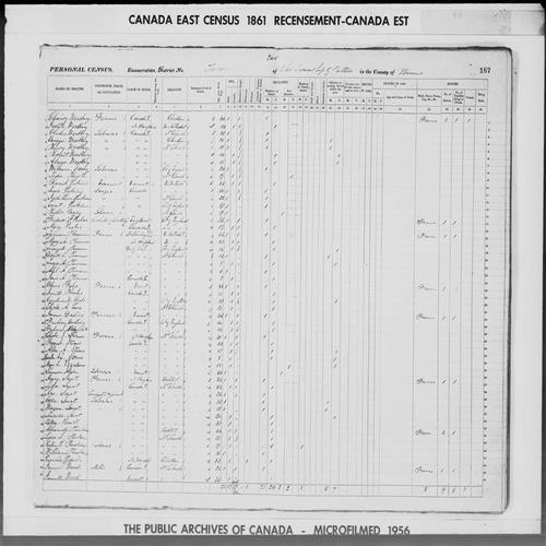 Digitized page of Census of 1861 (Canada East, Canada West, Prince Edward Island, New Brunswick and Nova Scotia), Page number 167, for Frederic Darling