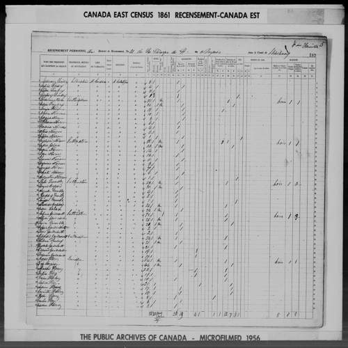 Digitized page of Census of 1861 (Canada East, Canada West, Prince Edward Island, New Brunswick and Nova Scotia), Page number 187, for Francois Limary