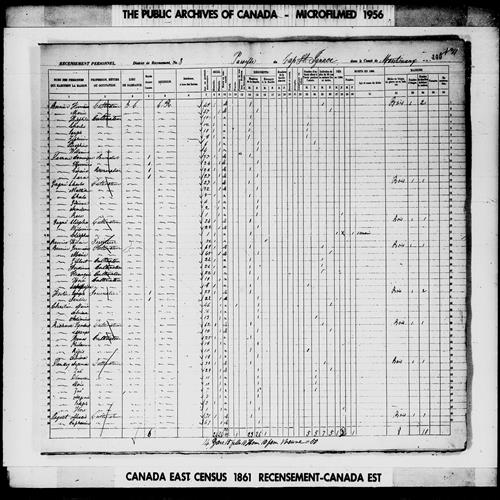 Digitized page of Census of 1861 (Canada East, Canada West, Prince Edward Island, New Brunswick and Nova Scotia), Page number 140, for Sephirin Bernier