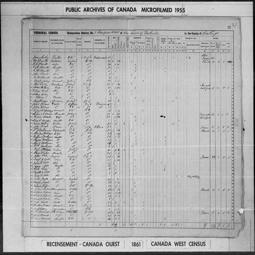 Digitized page of Census of 1861 (Canada East, Canada West, Prince Edward Island, New Brunswick and Nova Scotia), Page number 27, for M Bowell