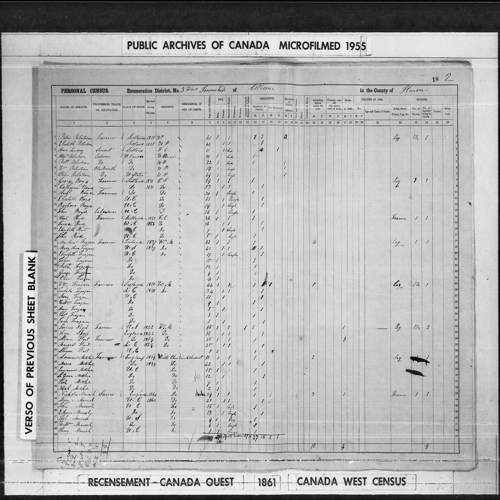 Digitized page of Census of 1861 (Canada East, Canada West, Prince Edward Island, New Brunswick and Nova Scotia), Page number 18, for Nicholas Morrish
