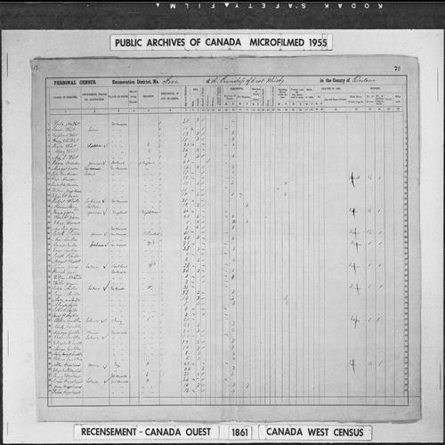 Digitized page of Census of 1861 (Canada East, Canada West, Prince Edward Island, New Brunswick and Nova Scotia), Page number 72, for Selena Lambkins
