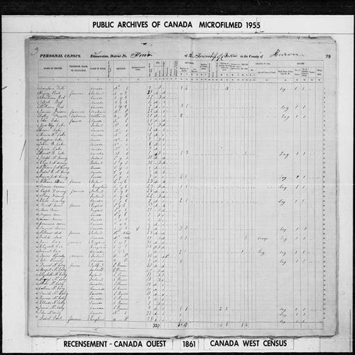 Digitized page of Census of 1861 (Canada East, Canada West, Prince Edward Island, New Brunswick and Nova Scotia), Page number 29, for Caple Disney