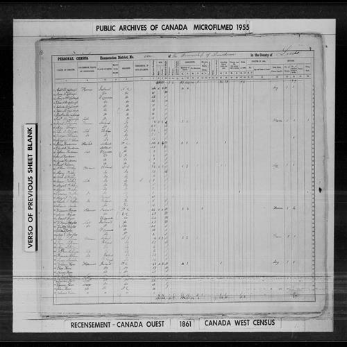 Digitized page of Census of 1861 (Canada East, Canada West, Prince Edward Island, New Brunswick and Nova Scotia), Page number 7, for William Douglas