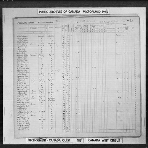 Digitized page of Census of 1861 (Canada East, Canada West, Prince Edward Island, New Brunswick and Nova Scotia), Page number 50, for Celicia Snell
