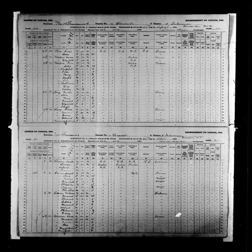 Digitized page of Census of Canada, 1891, Page number 20-21, for Joseph Commo