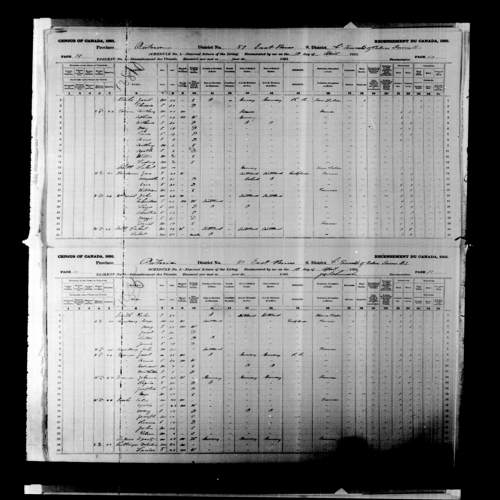 Digitized page of Census of Canada, 1891, Page number 10-11, for Catherina Voisin