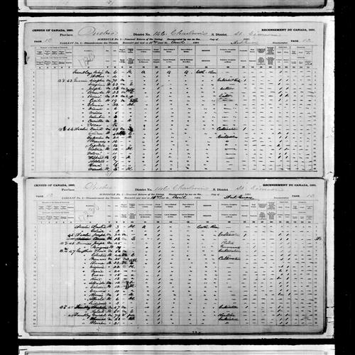 Digitized page of Census of Canada, 1891, Page number 12-13, for Amelia Asselin
