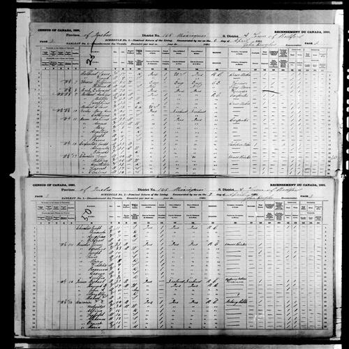 Digitized page of Census of Canada, 1891, Page number 2-3, for Joseph Carpentier