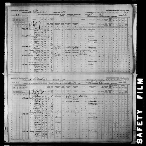 Digitized page of Census of Canada, 1891, Page number 22-23, for Edmond Keating